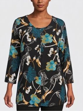 Allison Daley Floral Tunic Blouse – Size 14 – Black & Teal